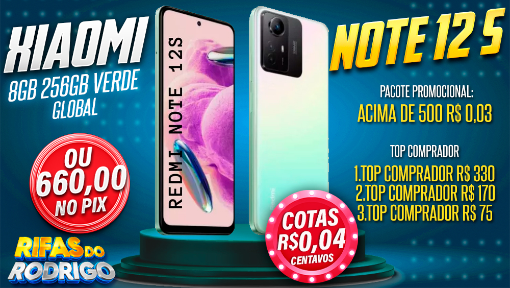 XIAOMI REDMI NOTE 12S 8GB 256GB GLOBAL VERDE OU R$660 NO PIX! TOP COMPRADORES: 1.R$330 2.R$170 3.R$75