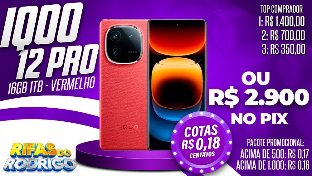 IQOO 12 PRO 16GB 1TB VERMELHO OU R$2.900 NO PIX! TOP COMPRADORES: 1.R$1.400 2.R$700 3.R$350